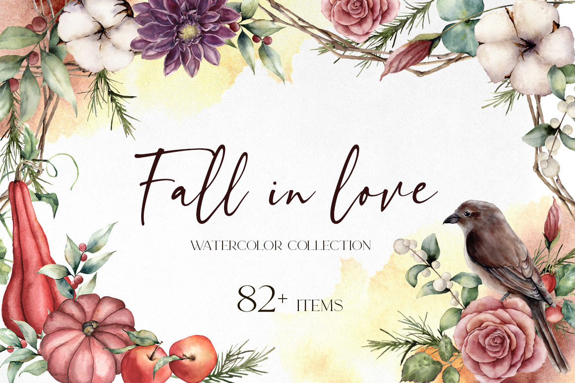 Fall in love watercolor autumn flowers