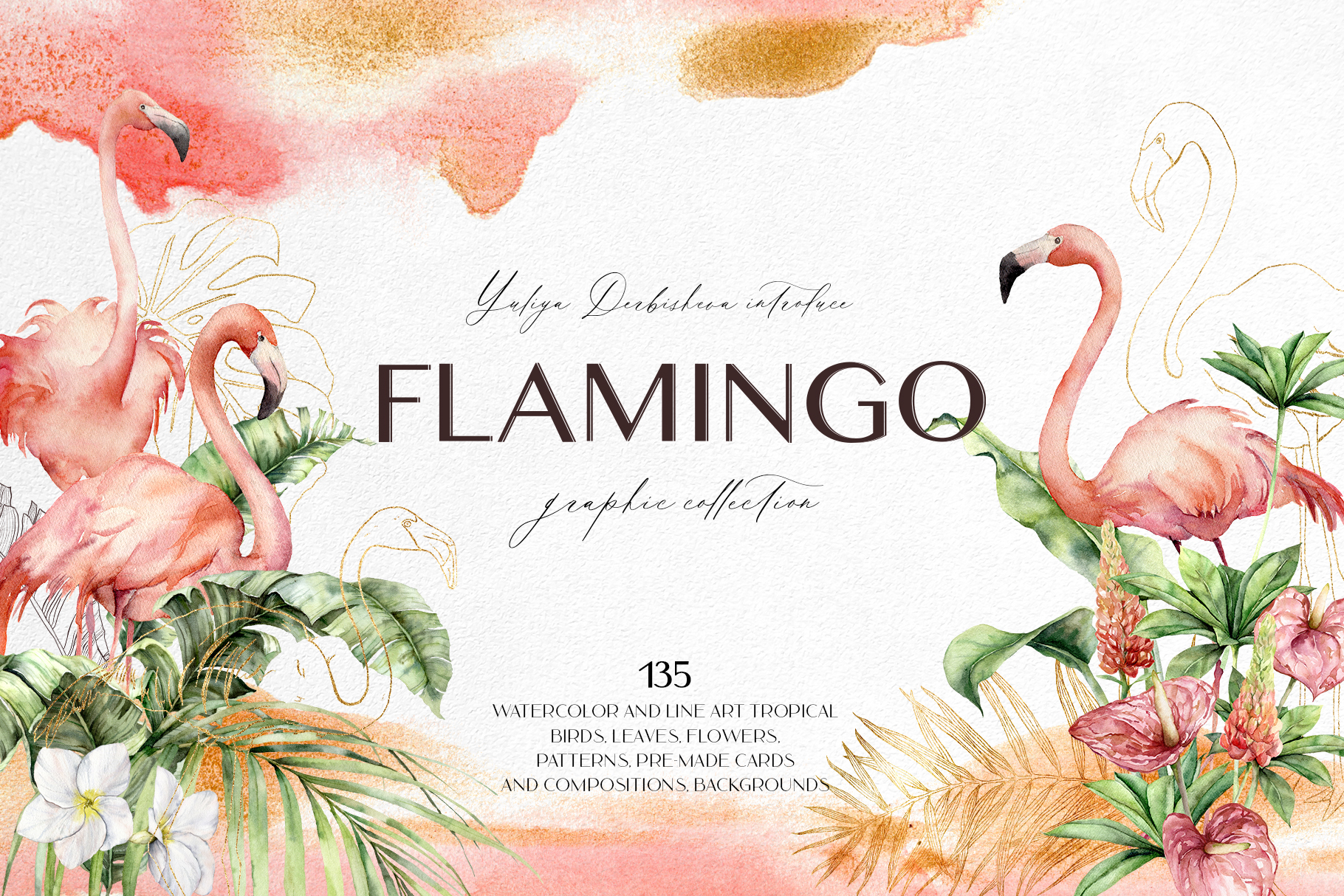 Flamingo watercolor tropical leaves, flowers and birds illustrations
