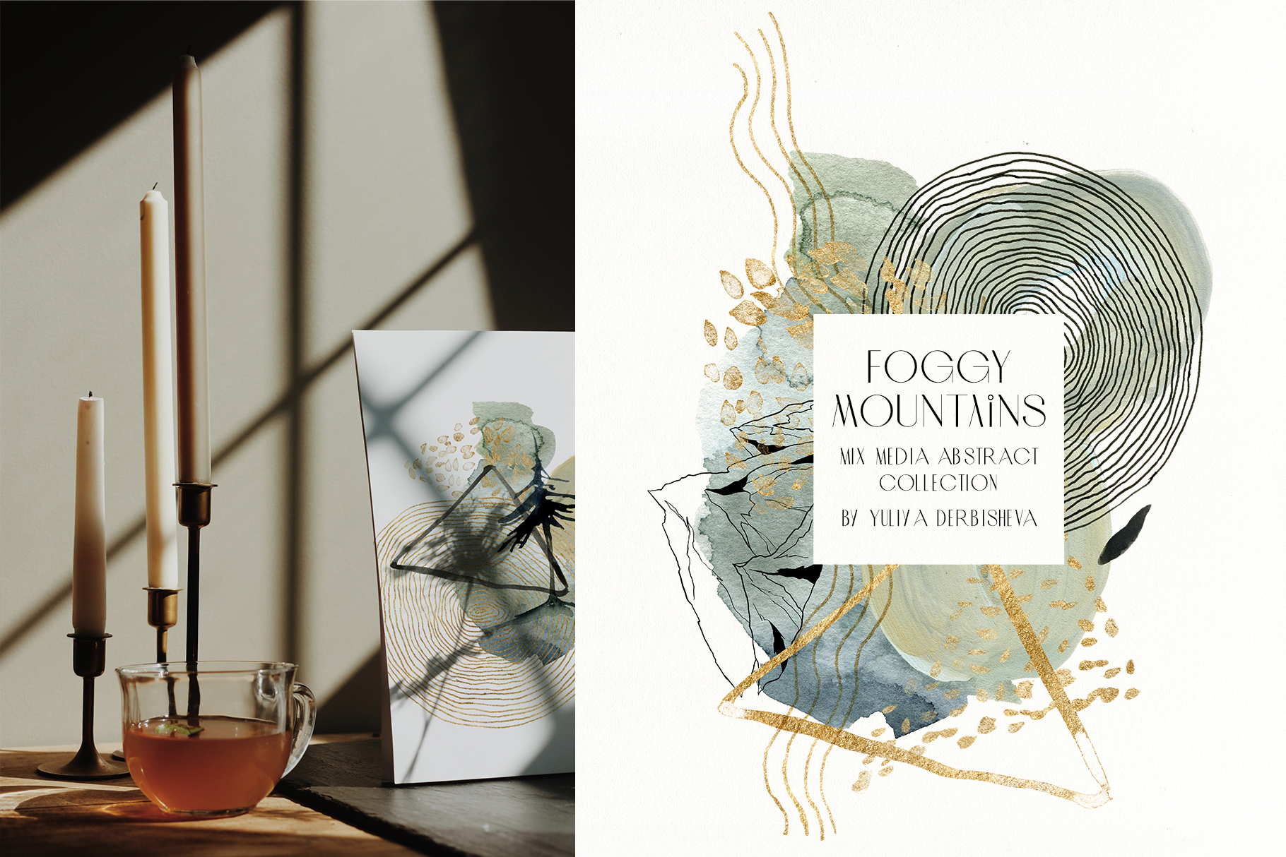 Foggy Mountains and forest watercolor landscape Mix Media Collection