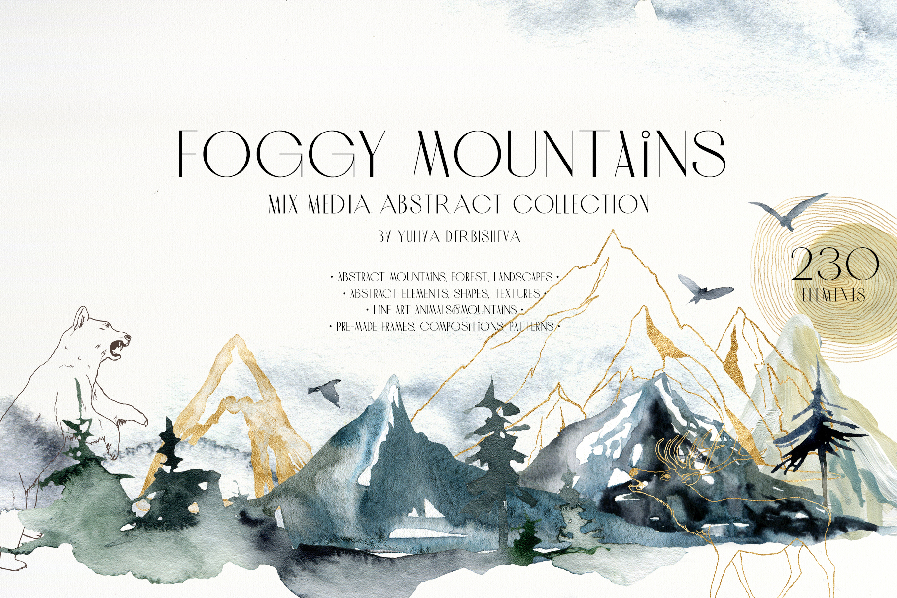 Foggy Mountains and forest watercolor landscape Mix Media Collection