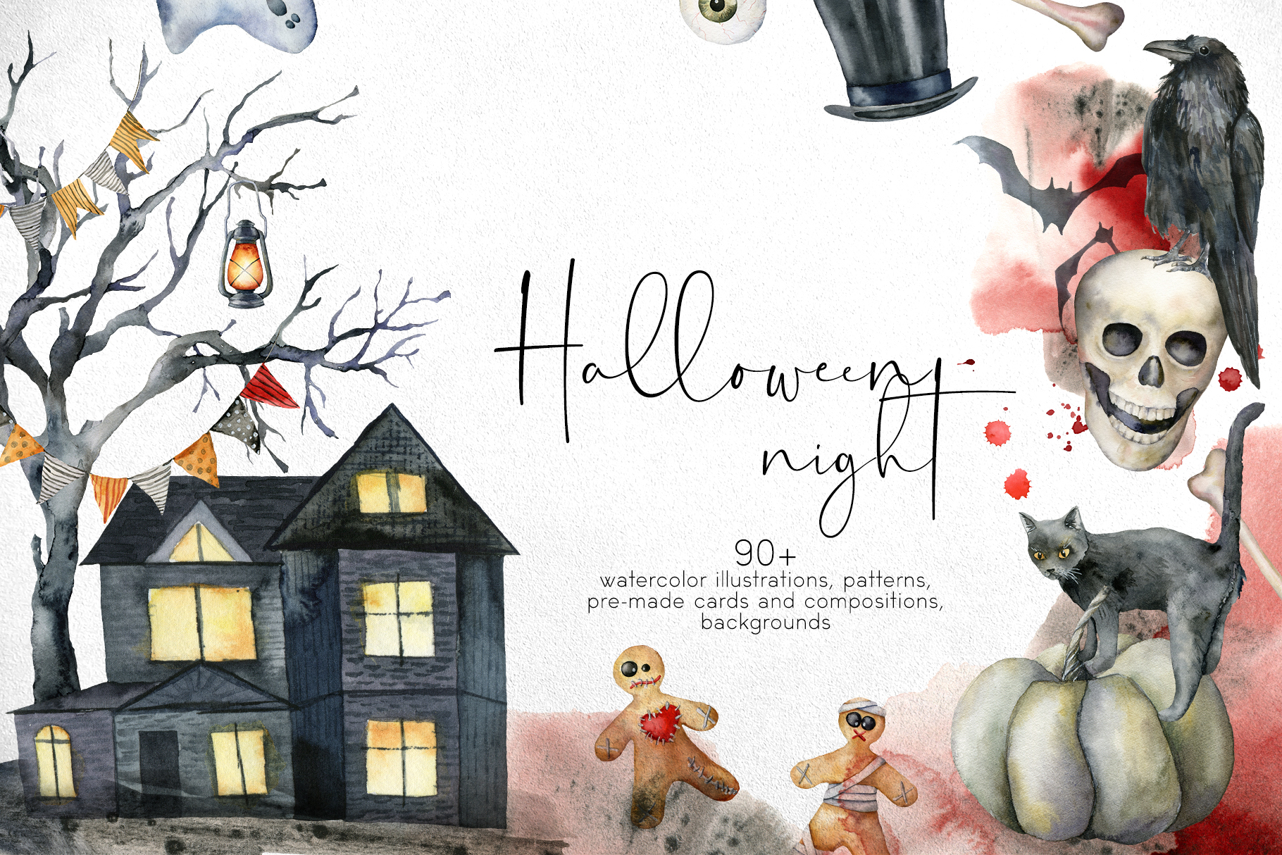 Watercolor Happy Halloween night party Illustrations