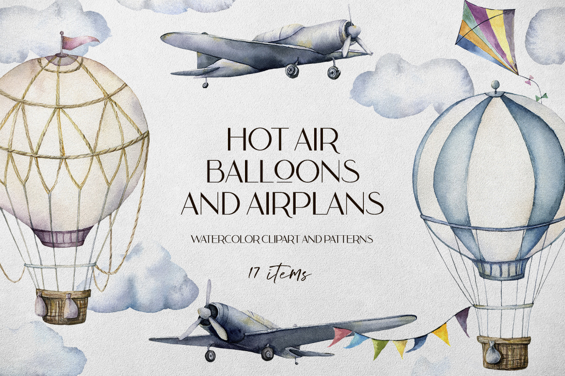 Hot air balloons and airplanes illustrations watercolor vintage clipart