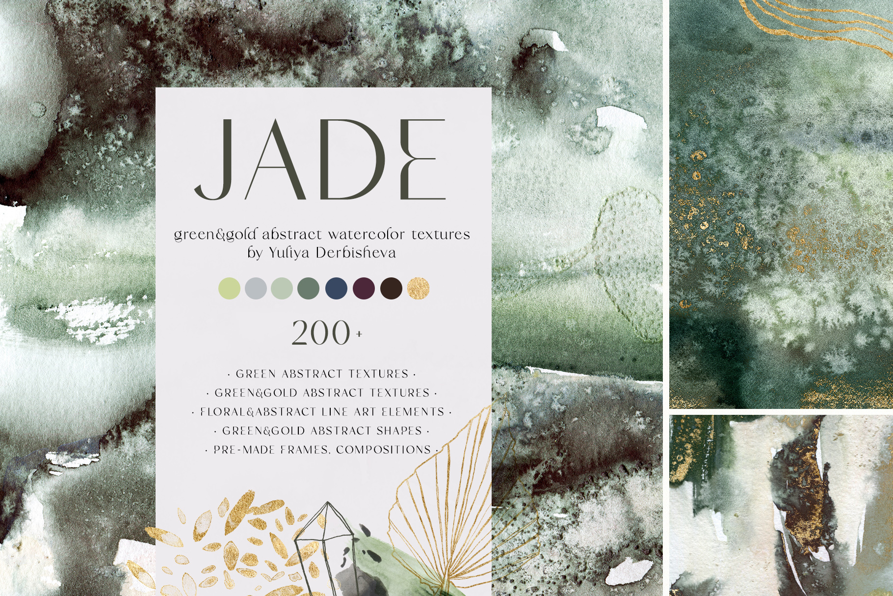Jade green and gold watercolor abstract backgrounds and textures