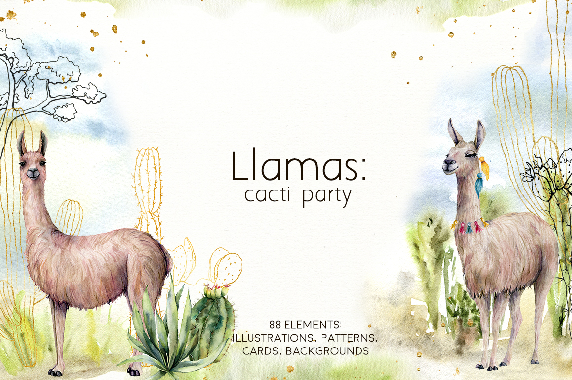 Llamas: cacti party watercolor