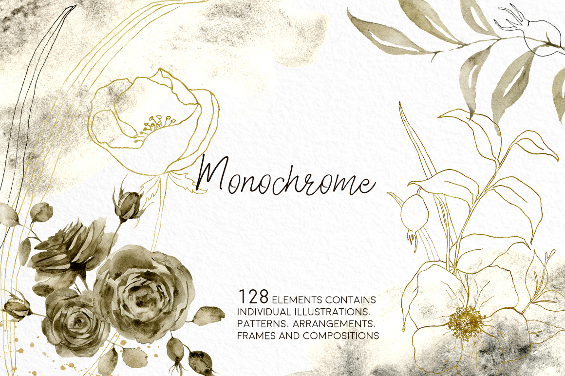 Monochrome neutral pastel flowers watercolor