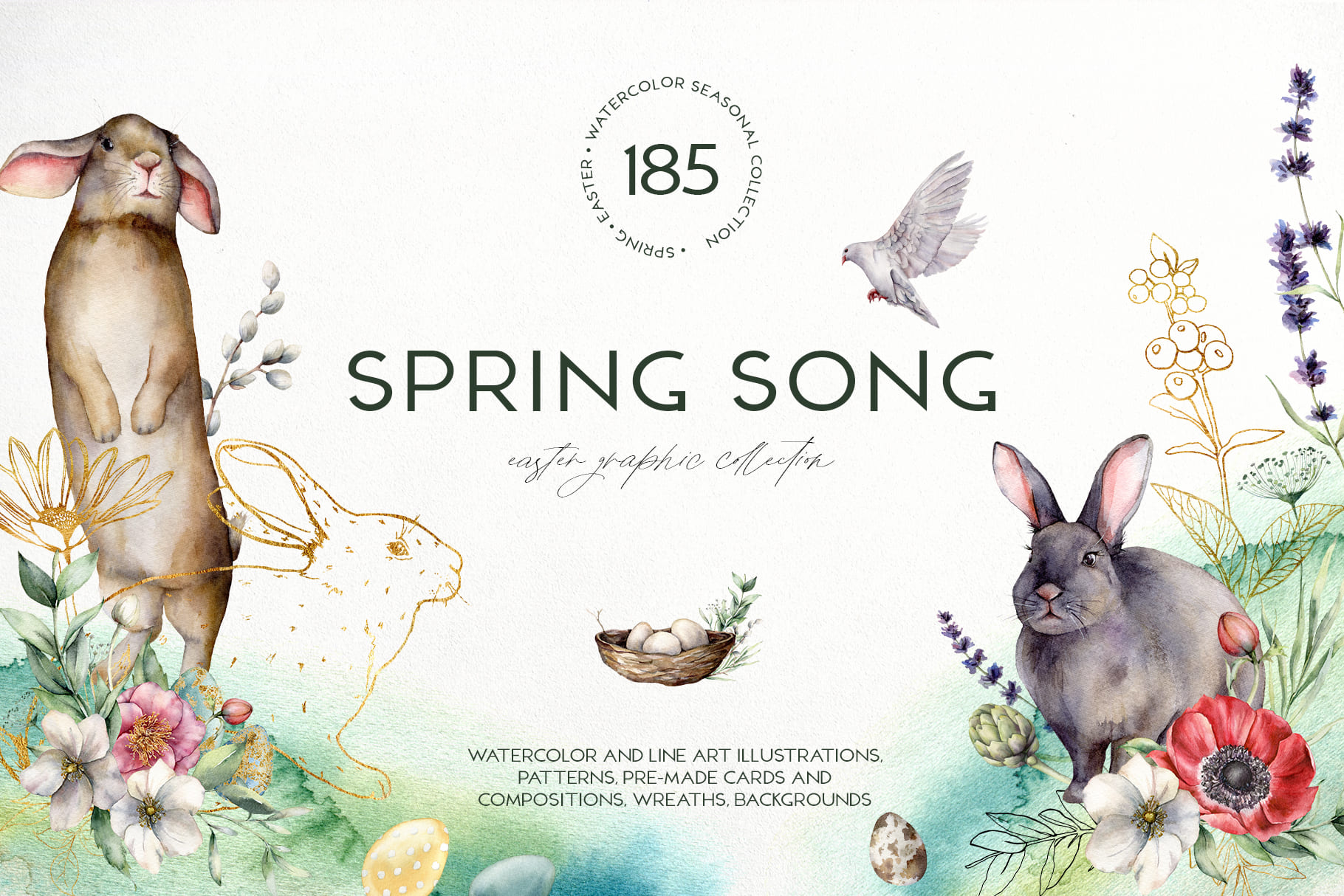 Spring song watercolor Easter bunny flowers illustrations