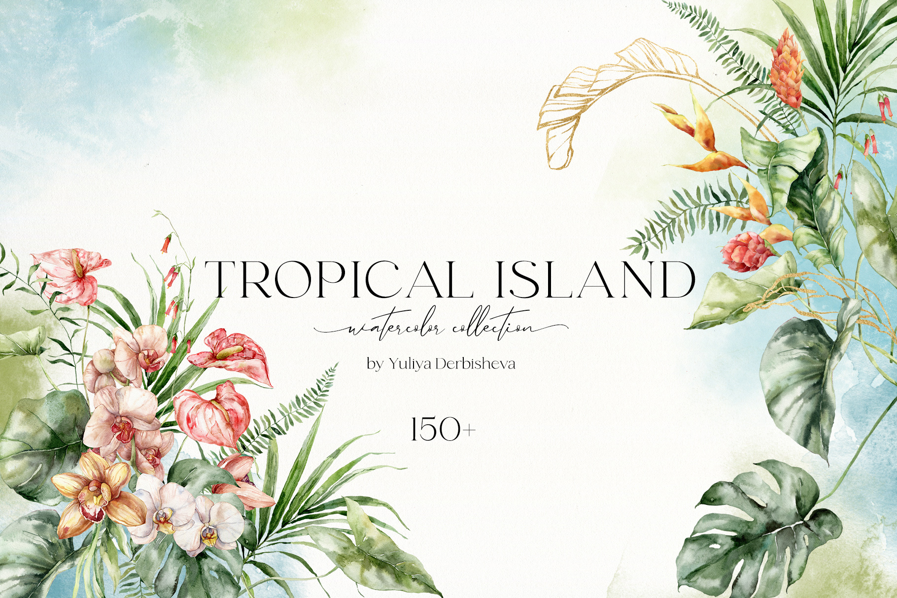Tropical island watercolor jungle flowers and foliage illustrations
