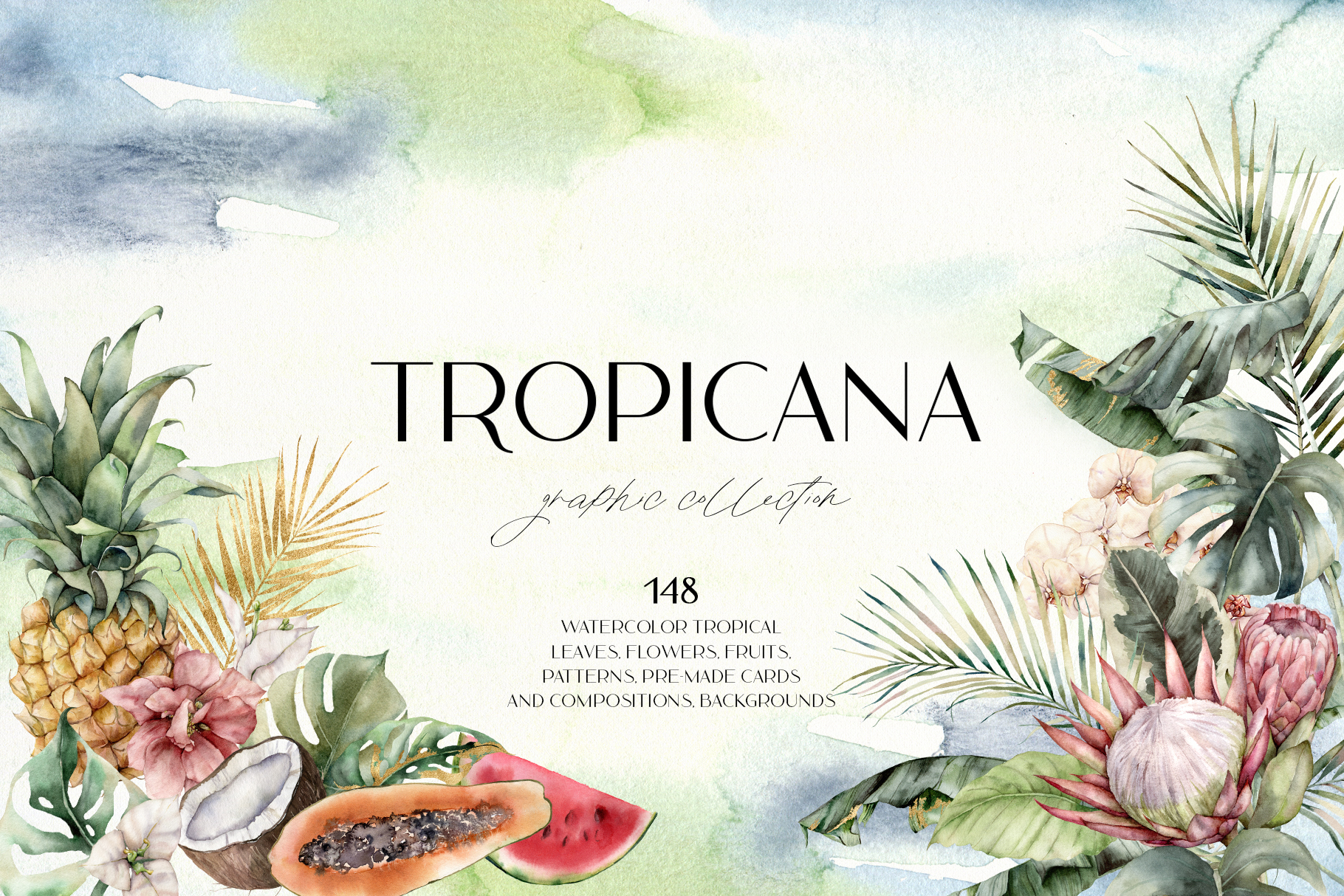 Tropicana: Watercolor Tropical Flowers, Leaves, and Fruits Illustrations