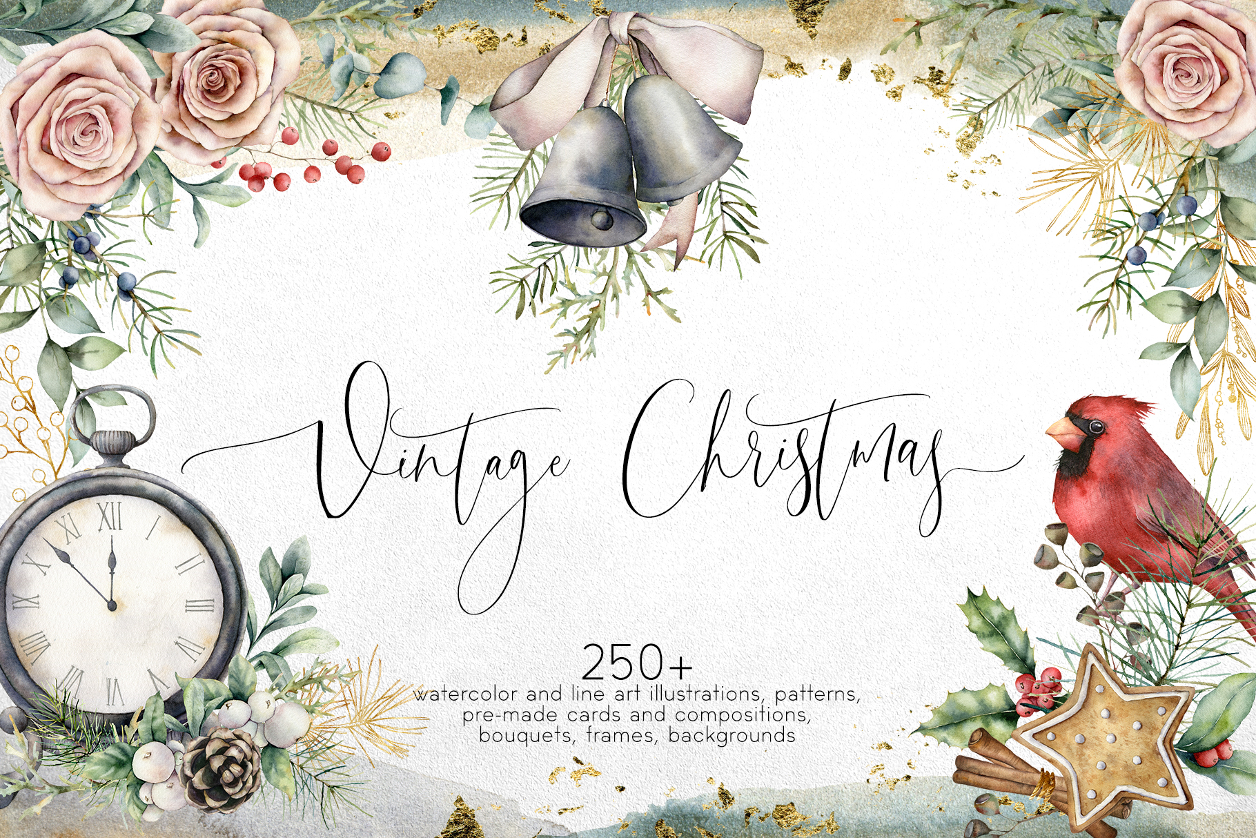 Vintage Christmas watercolor floral festive illustrations and designs