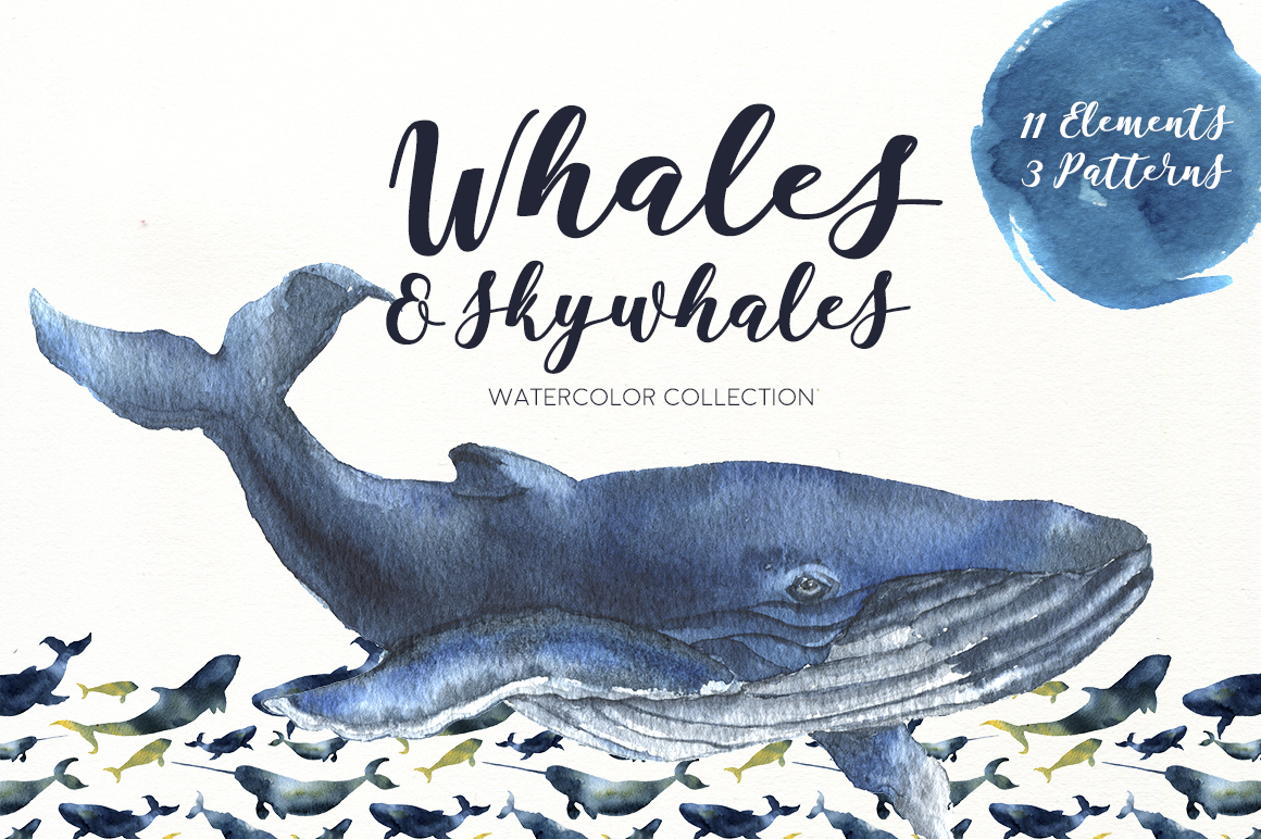 Whales. Watercolor underwater clipart