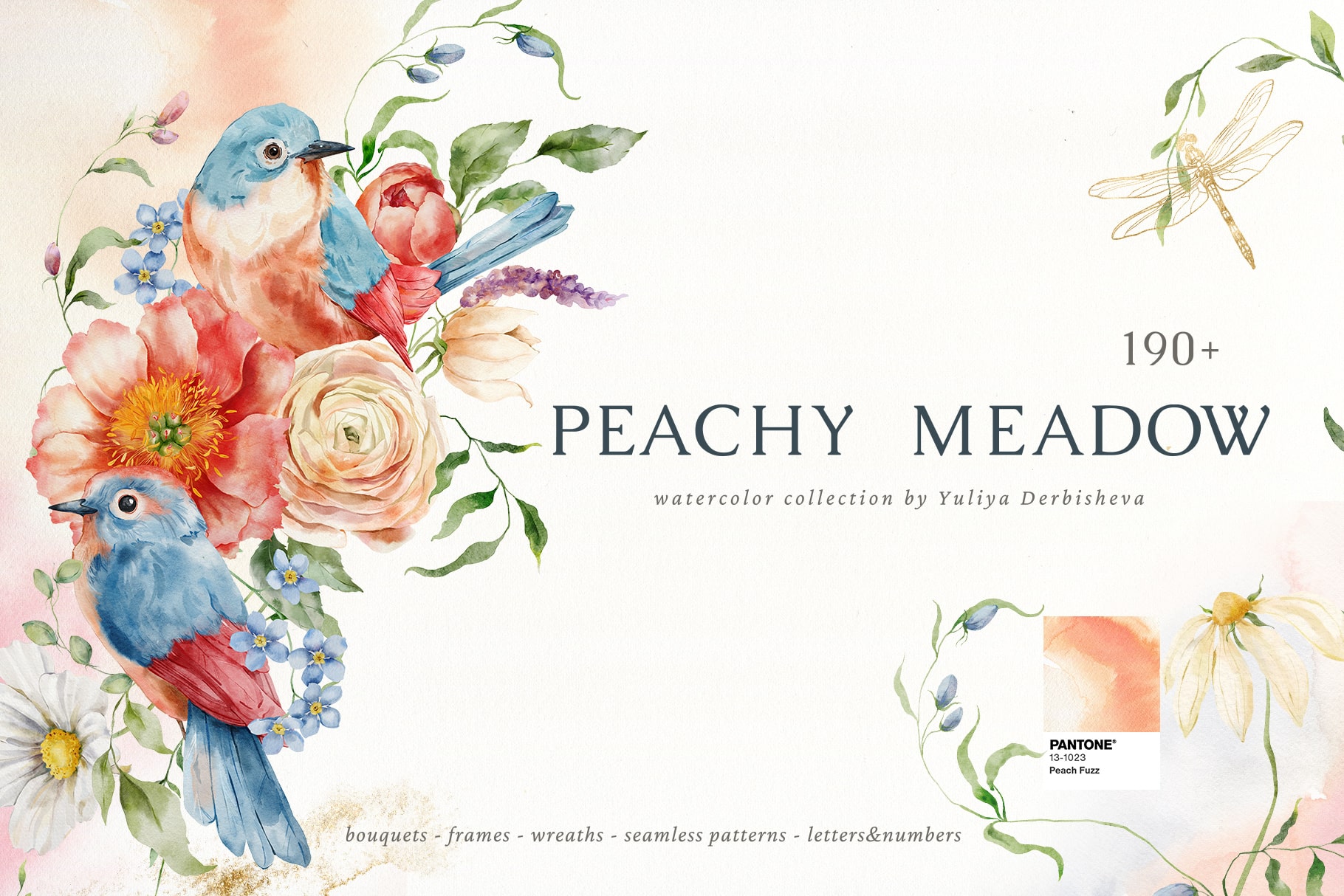 Peachy meadow watercolor wildflower illustrations