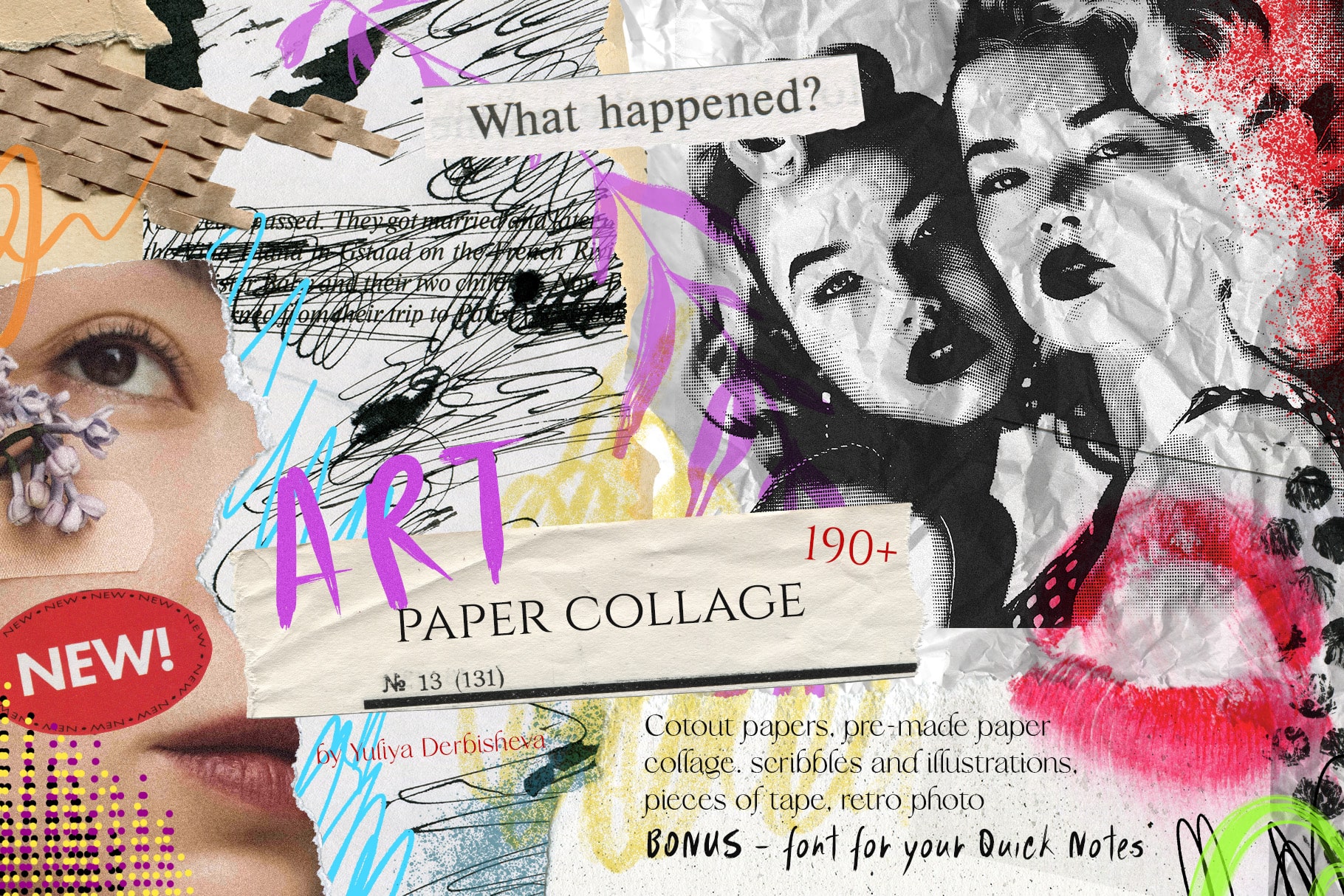 Mixed Media Art Paper Collage Elements: Vintage Paper Textures & Modern Graphics