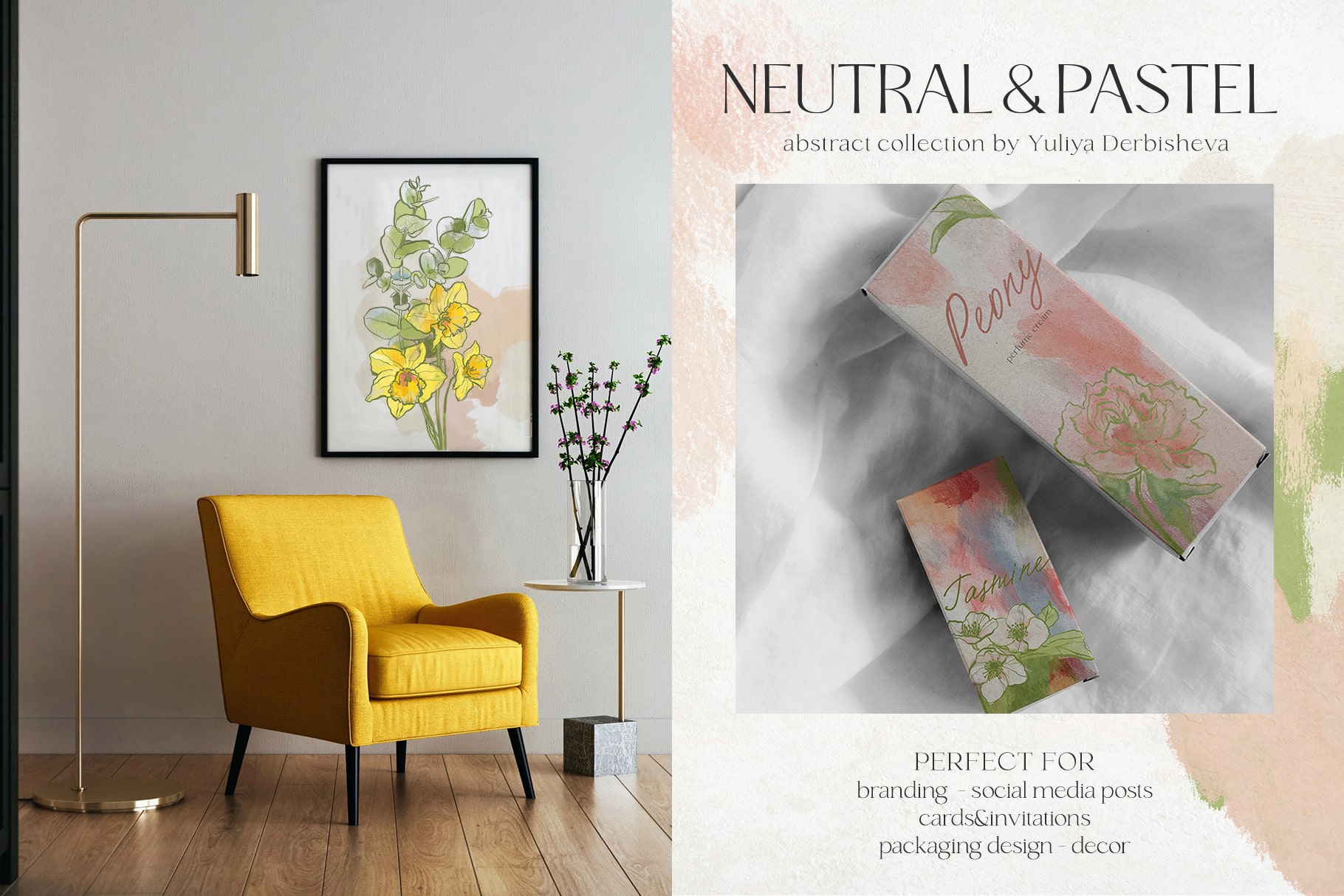 Neutral & Pastel abstract backgrounds and flowers illustration design