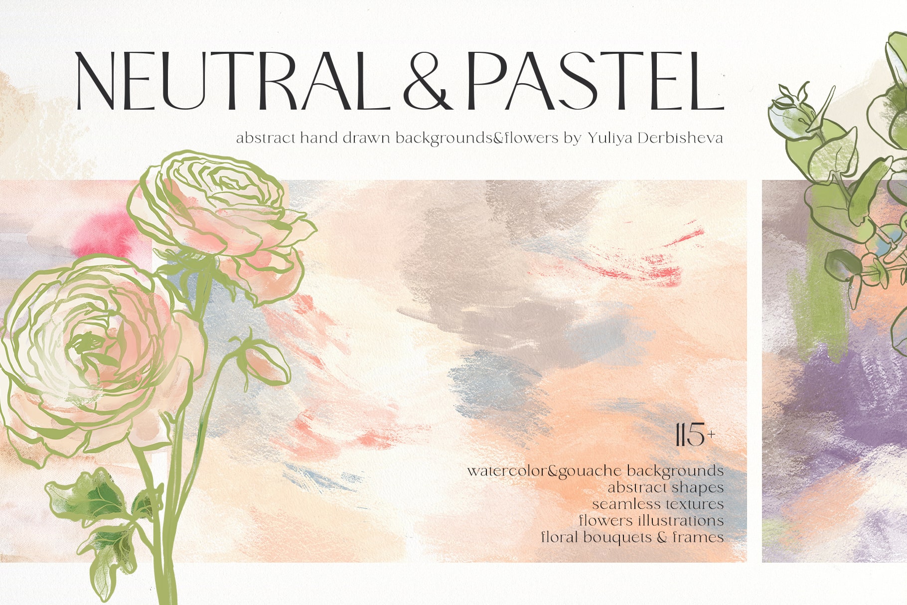 Neutral & Pastel abstract backgrounds and flowers illustration design