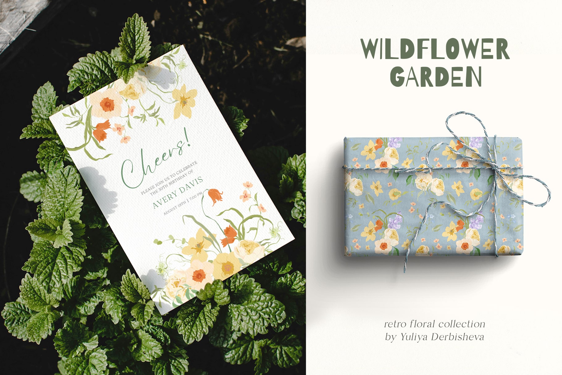 Wildflower garden retro flowers illustrations