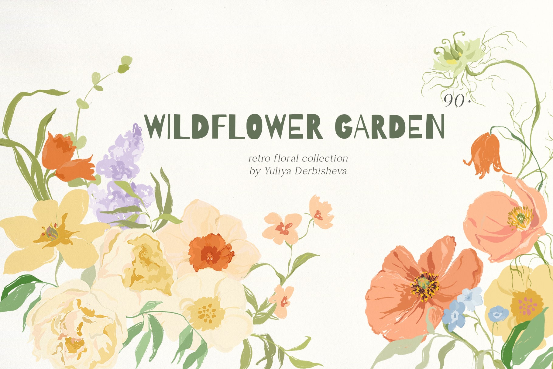 Wildflower garden retro flowers illustrations