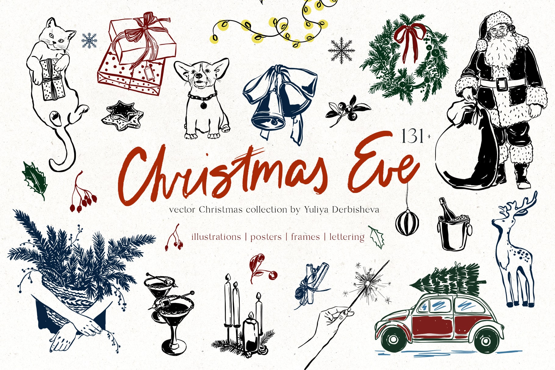 Christmas Eve vector doodles illustrations and festive design