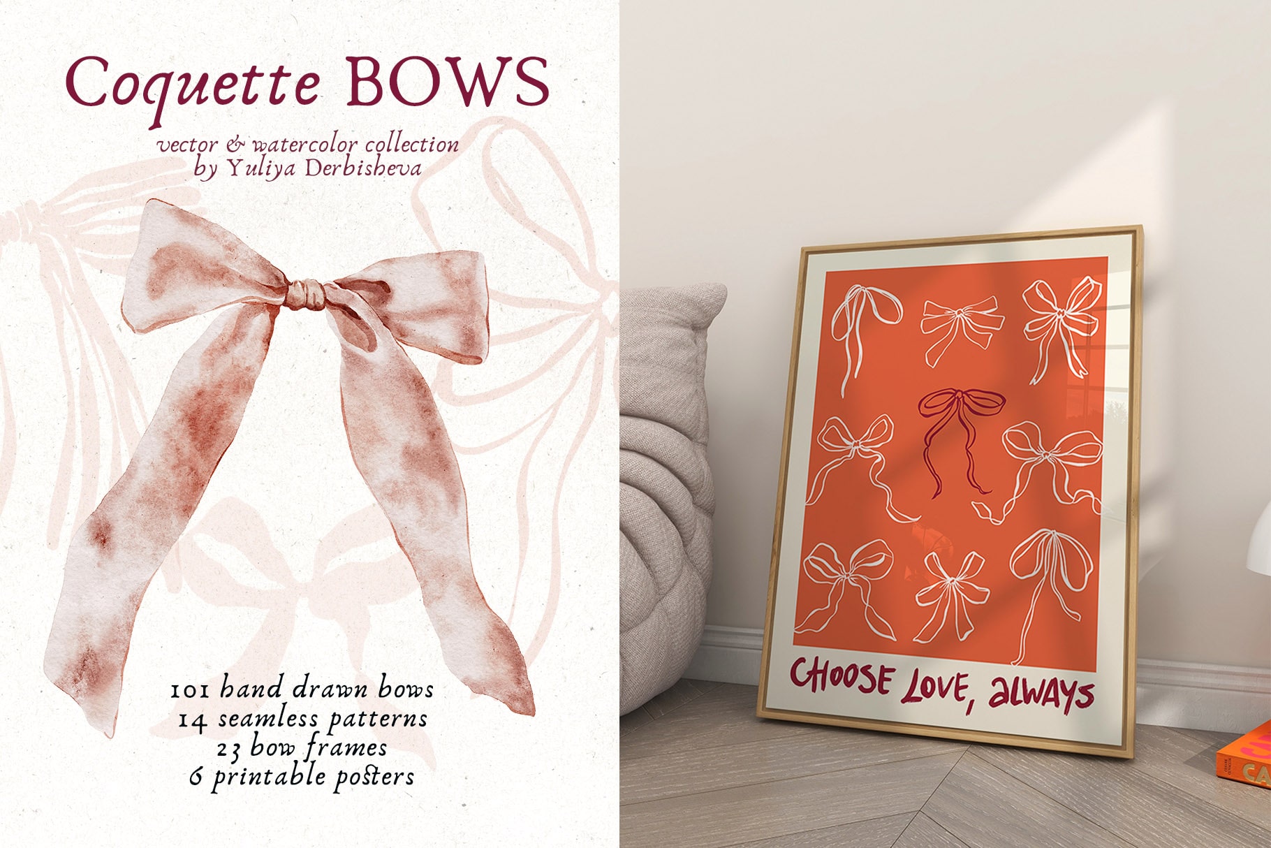 Coquette Bows vector & watercolor illustrations, ribbon frames