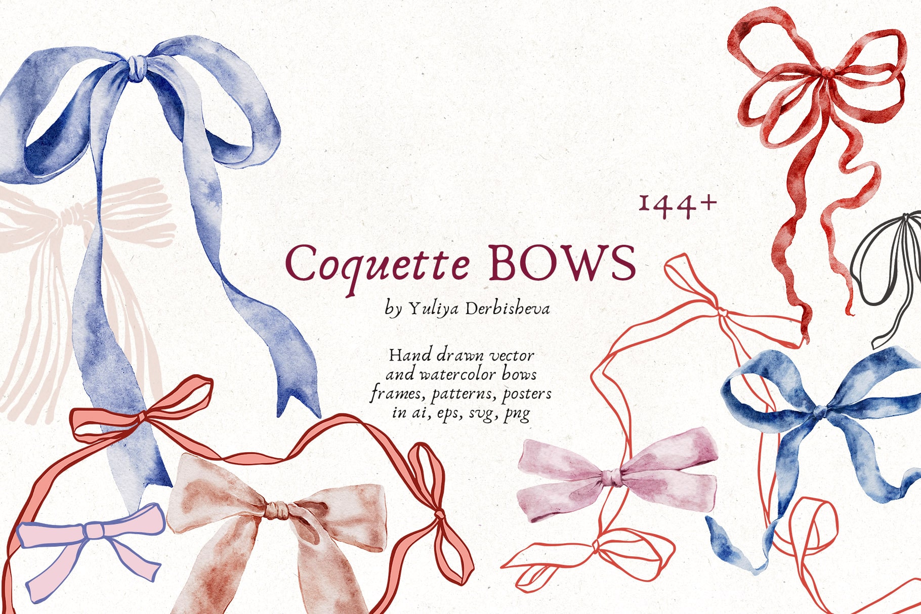 Coquette Bows vector & watercolor illustrations, ribbon frames