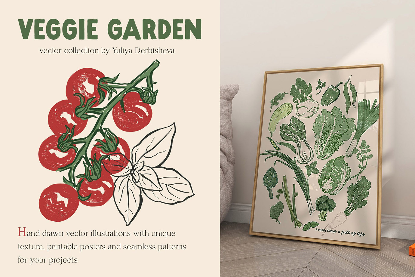 Veggie Garden – Hand-Drawn Vegetables Vector Illustrations, Patterns & Posters