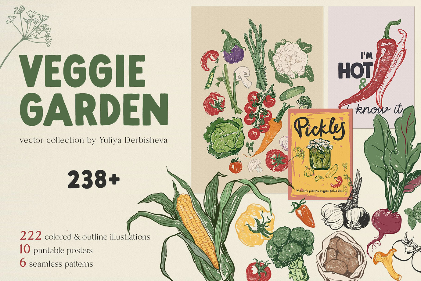 Veggie Garden – Hand-Drawn Vegetables Vector Illustrations, Patterns & Posters