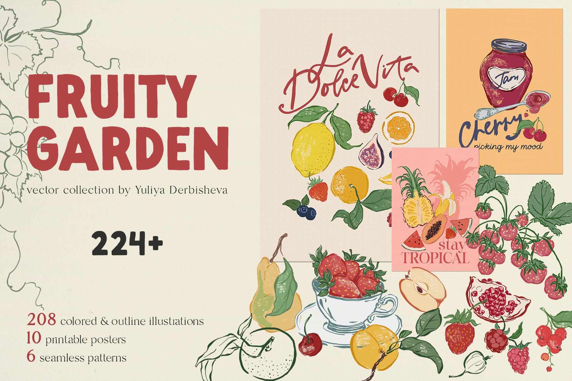 Fruity Garden vector fruits and berries illustrations, posters, patterns