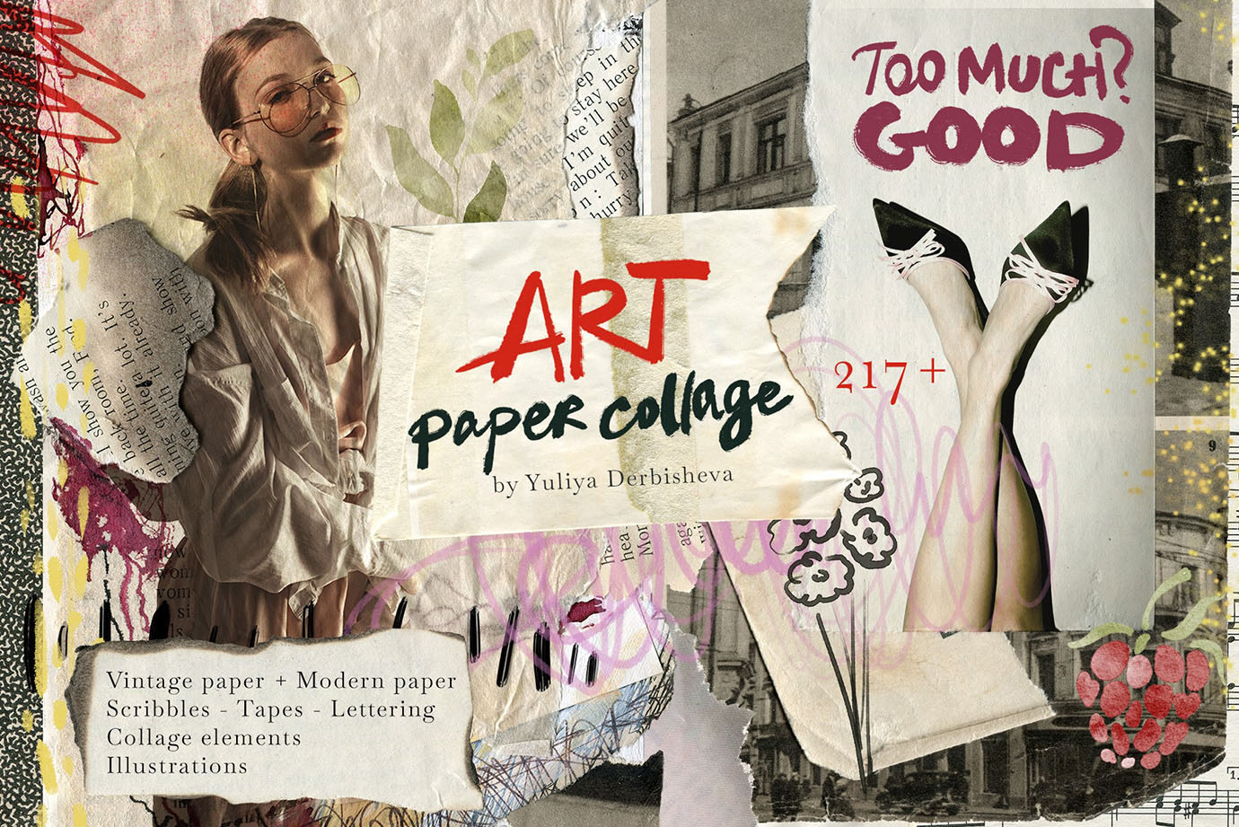 Art Paper Collage Mixed media elements, modern & vintage paper textures