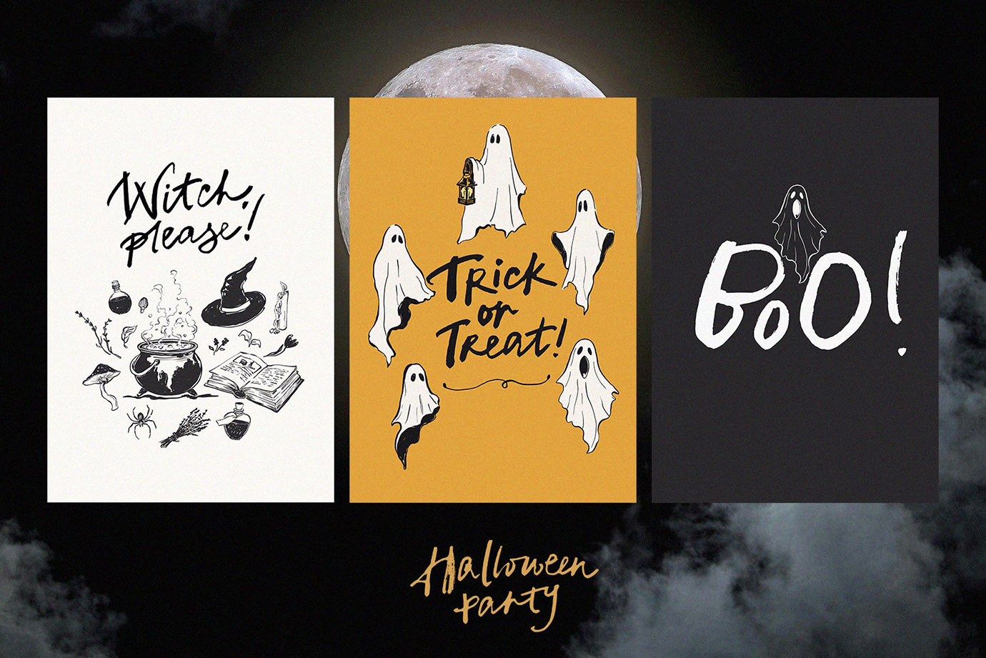 Halloween Party – Cute & Whimsical hand-drawn vector clipart, Posters and seamless patterns