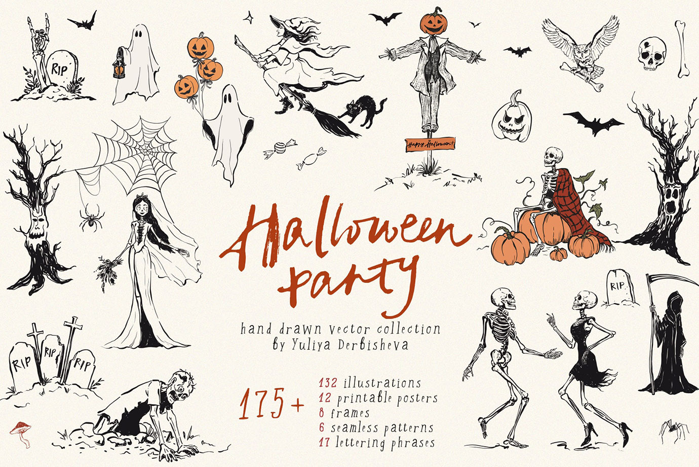 Halloween Party – Cute & Whimsical hand-drawn vector clipart, Posters and seamless patterns
