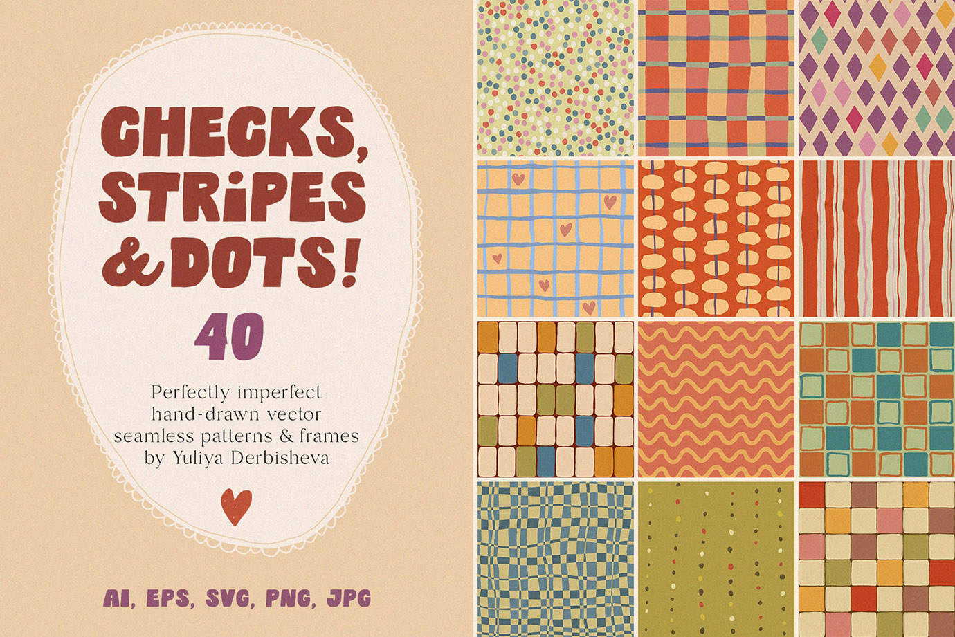 Checks, Stripes & Dots — a hand-drawn vector seamless patterns