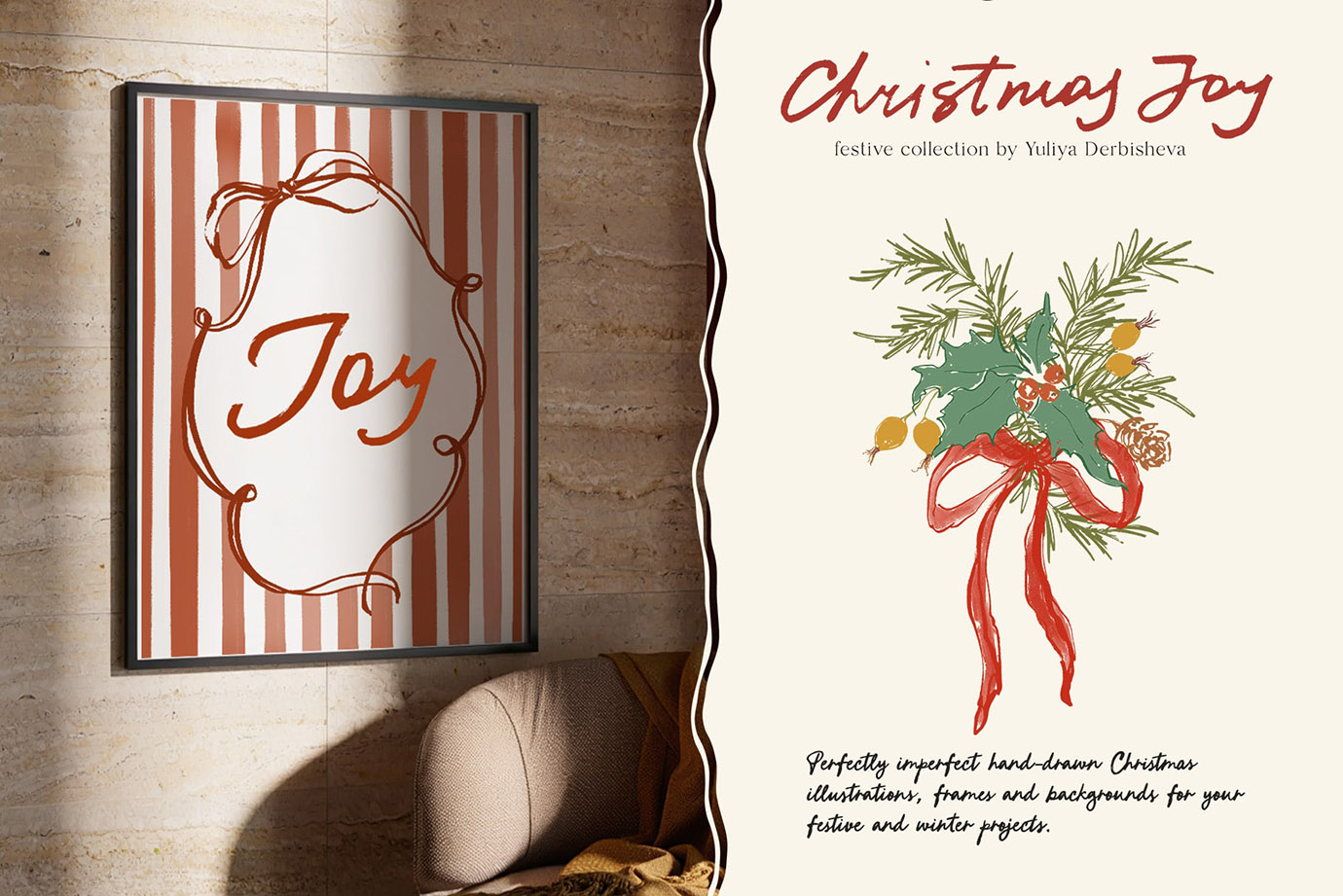 Christmas Joy hand drawn whimsical & quirky floral illustrations, festive frames, borders and backgrounds for holiday cards and design