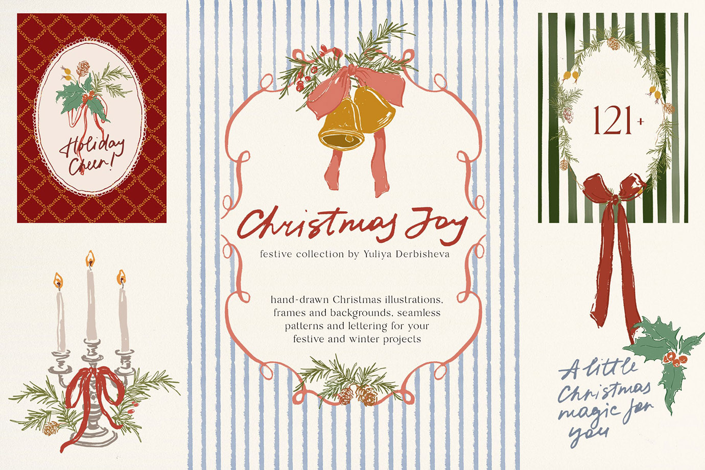 Christmas Joy hand drawn whimsical & quirky floral illustrations, festive frames, borders and backgrounds for holiday cards and design