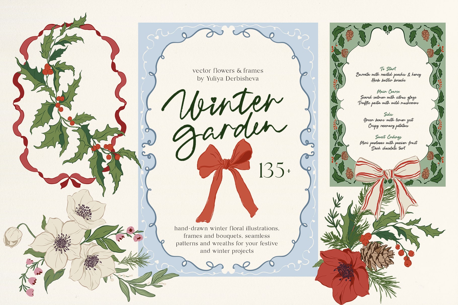 Winter Garden vector whimsy flowers and leaves, Christmas frames and seamless patterns