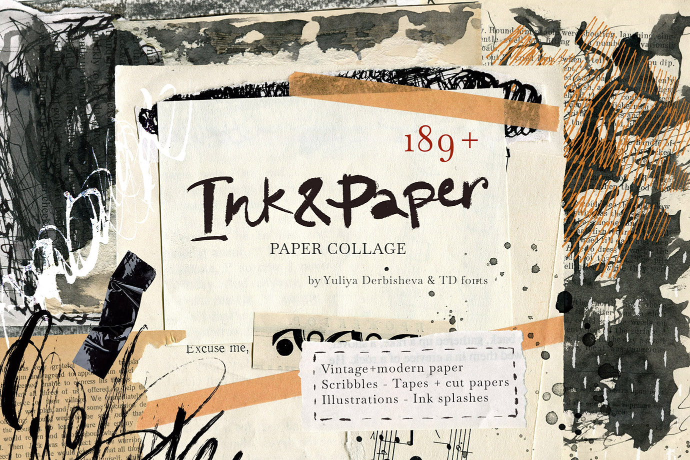 Ink & Paper Collage – 189+ Mixed Media Collage Elements, Modern & Vintage Paper Textures PNG Pack