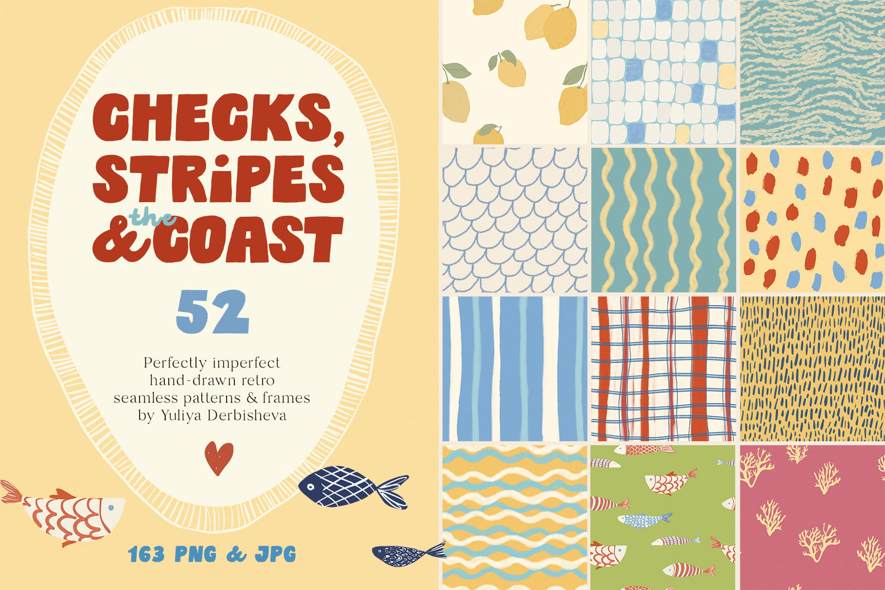 Checks, Stripes & the Coast — Hand-Drawn Coastal Seamless Patterns