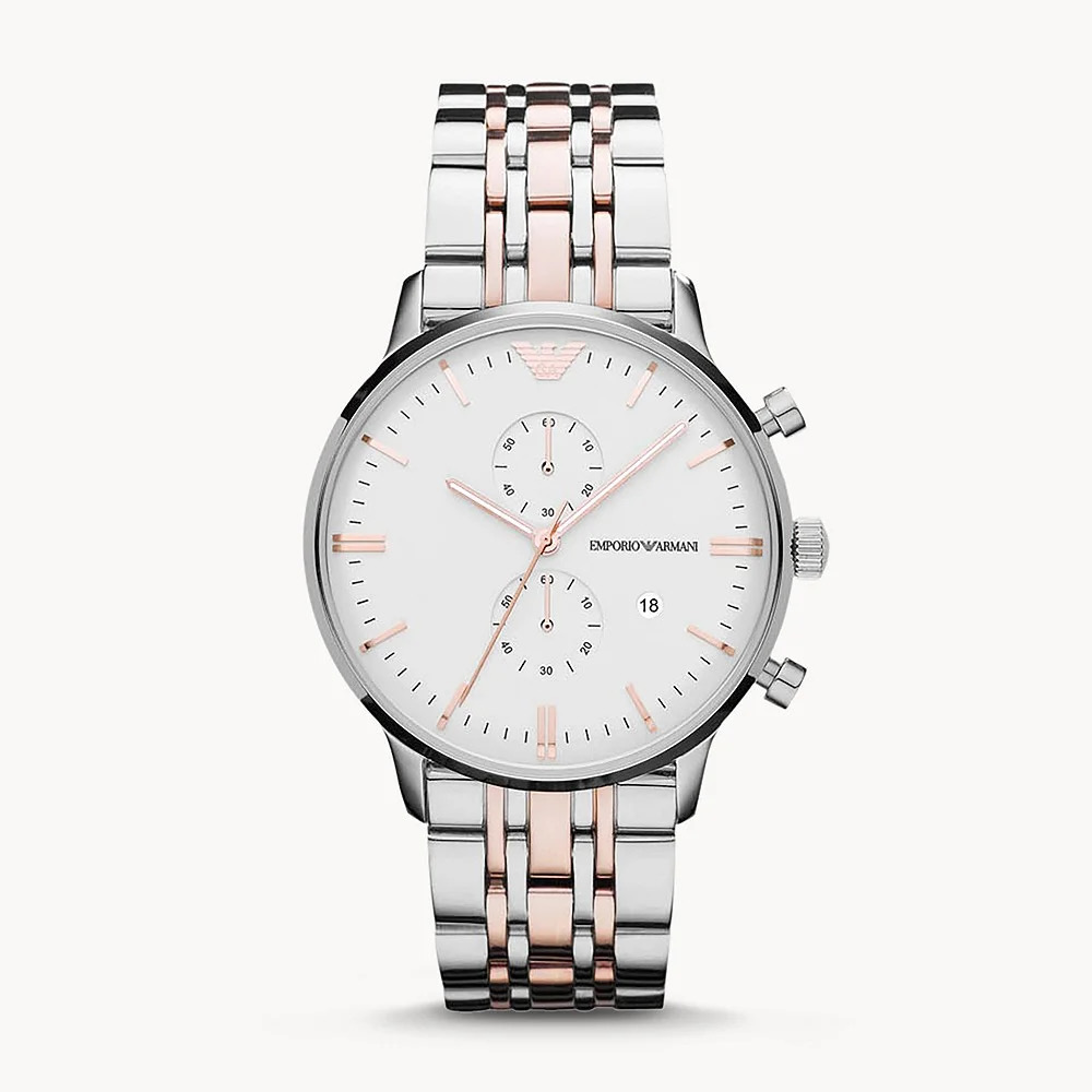 EMPORIO ARMANI STEEL TWO TONE SILVER ROSE GOLD CHRONOGRAPH MEN'S WATCH M00770