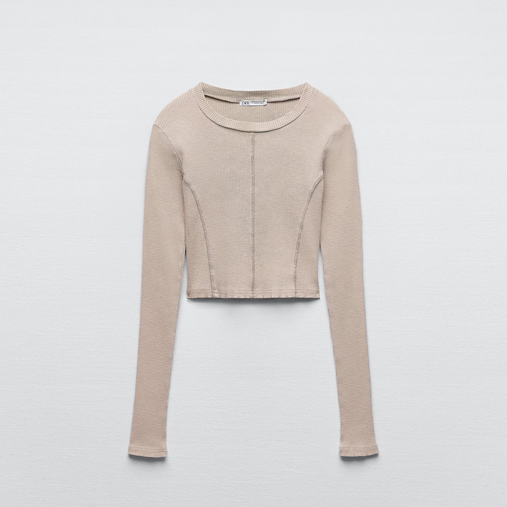 УКОРОЧЕННЫЙ ТОП С ВЫСТИРАННЫМ ЭФФЕКТОМ ZARA ЦВЕТ GREY MARL / СЕРО-БЕЖ M00230