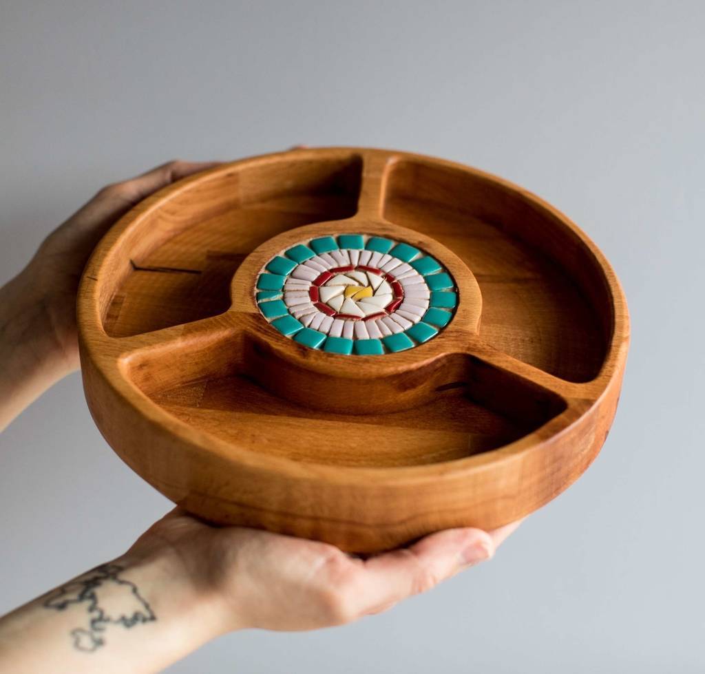 Менажница буковая с мозаикой, на три отделения