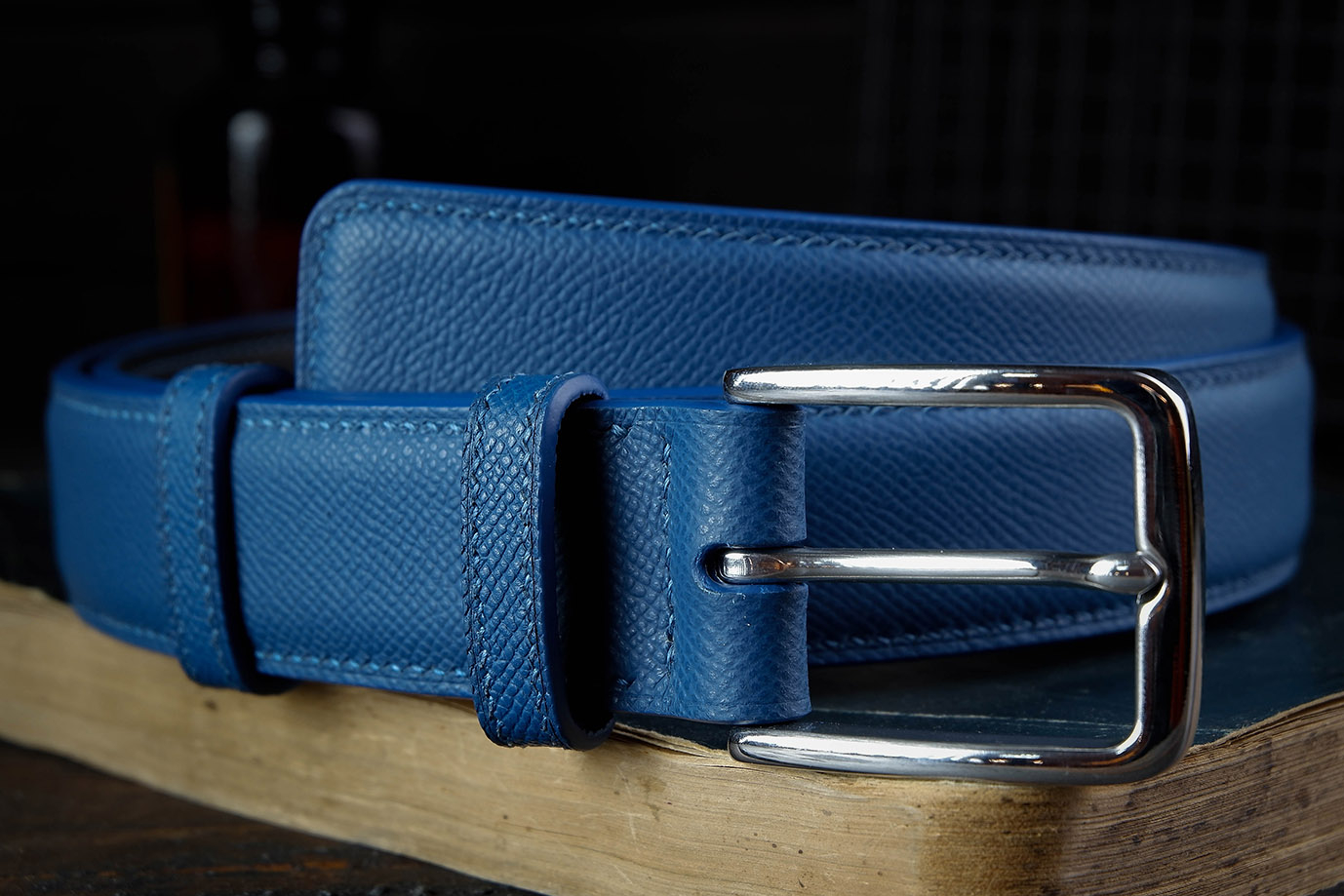 мужской ремень, кожаный ремень, для джинсов, для брюк, французская кожа, синяя кожа, кожа Epsom, Hermes, пряжка нержавеющая сталь, ширина 35 мм, 3.5 см, ручная работа, Grossone, надежная пряжка, ручная прошивка, брючный, джинсовый ремень, классический ремень, купить ремень, заказать ремень, ремень под заказ, ремень большой размер, тресхлойный ремень, кевларовая вставка, с кевларом