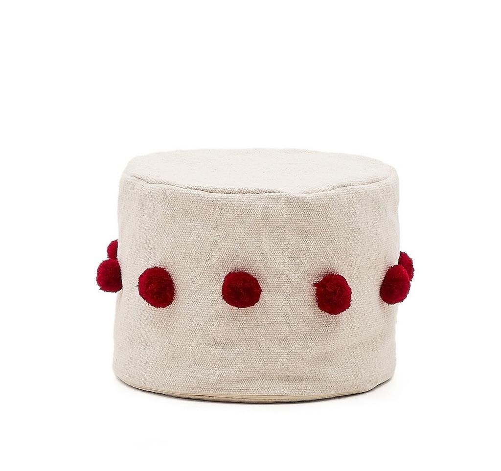 Пуф Manua бежевый хлопковый с красными кисточками