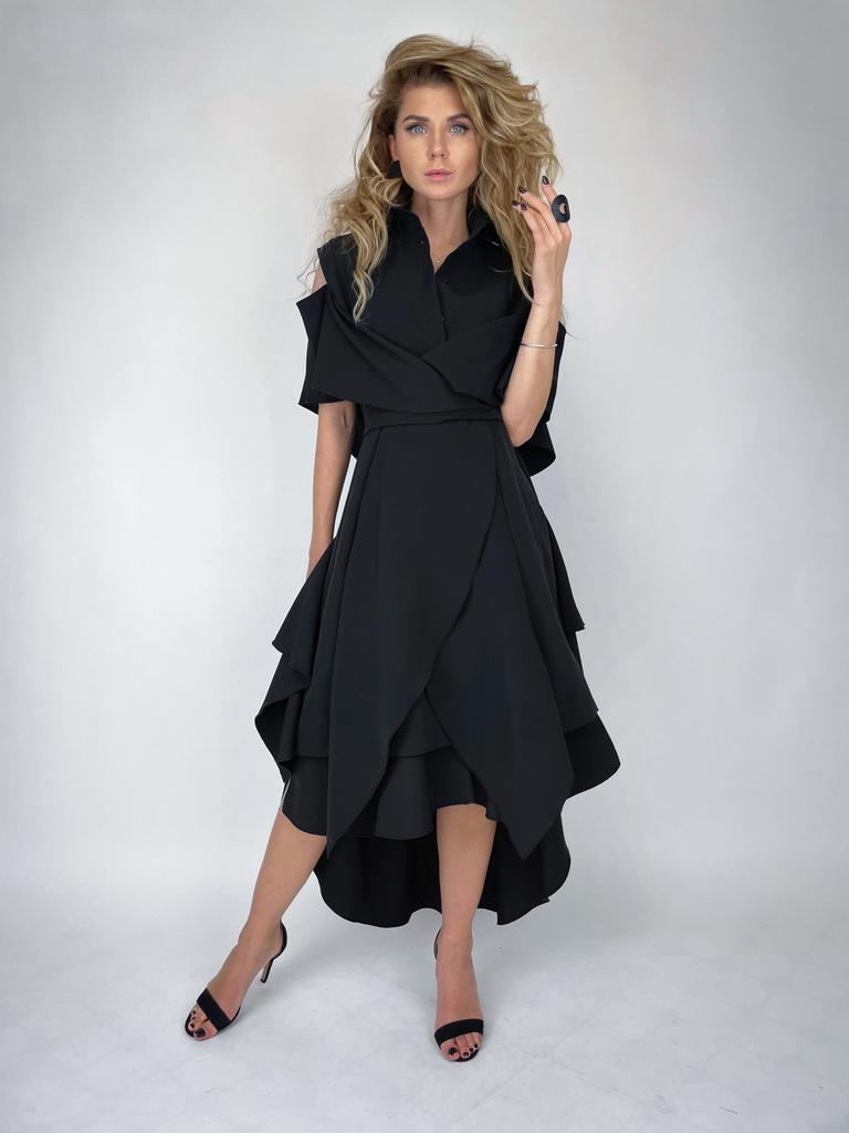 Платье-рубашка с оборками (черный)