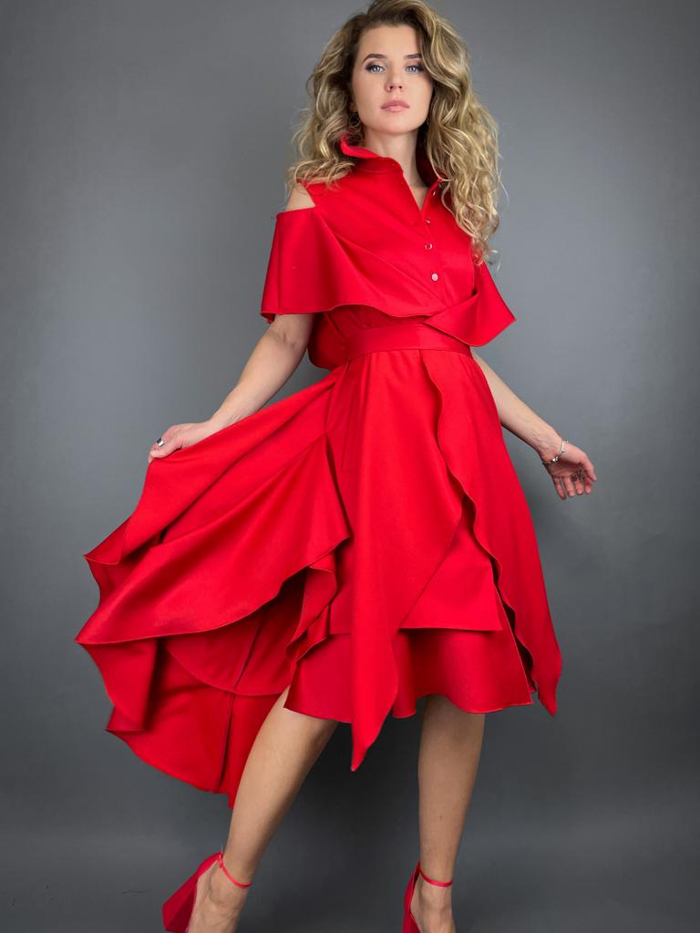 Платье-рубашка с оборками (красный)