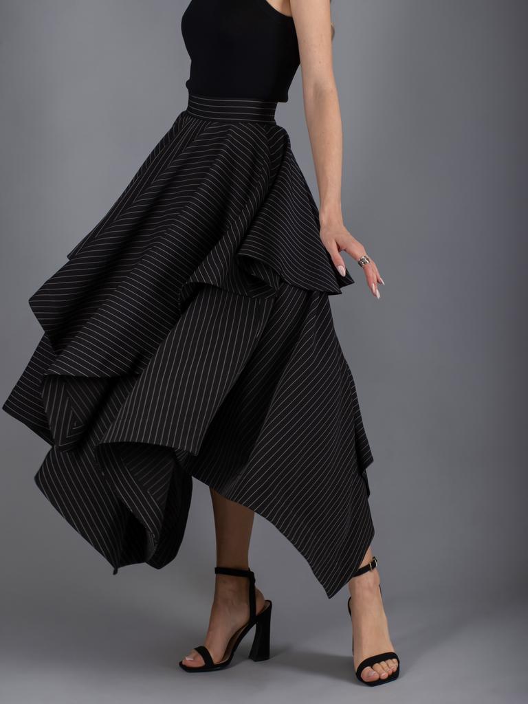 Юбка пышная двухъярусная макси (черная костюмная полоска)