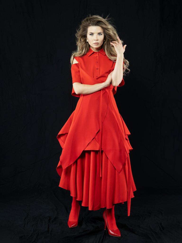 Платье-рубашка с оборками макси (красный)