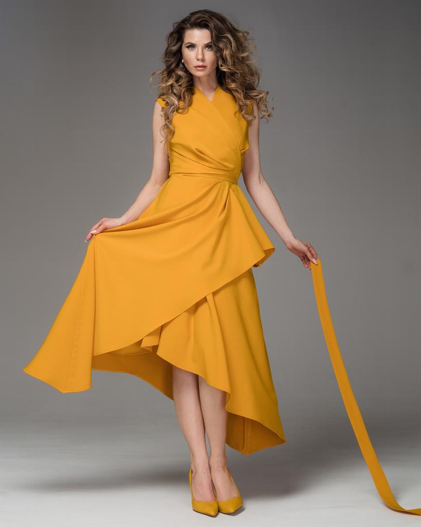 Платье на запах без рукава (горчичный)