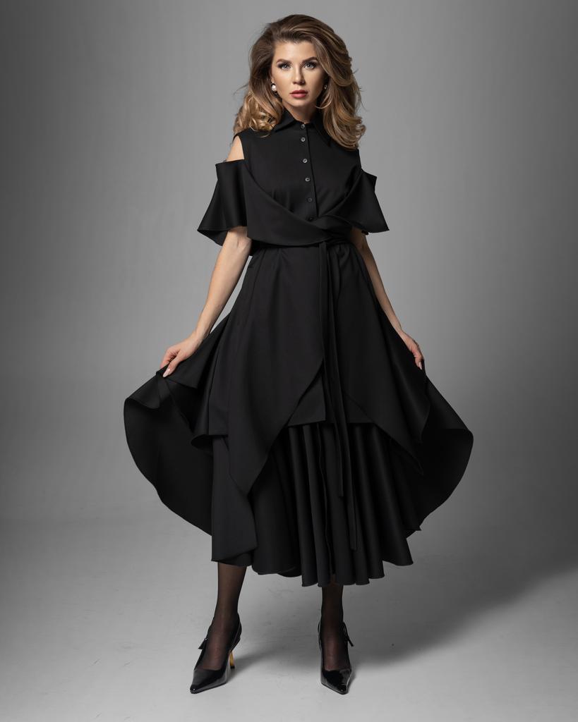 Платье-рубашка с оборками макси (черный)