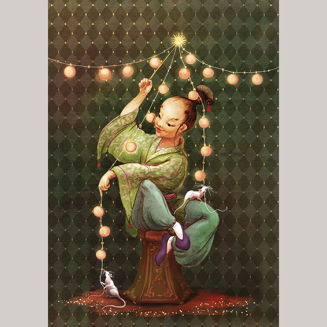 Открытка Китайчонок с гирляндой