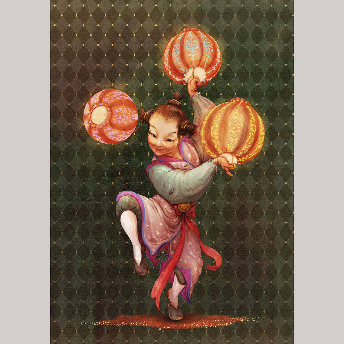 Открытка Китайчонок с фонариками