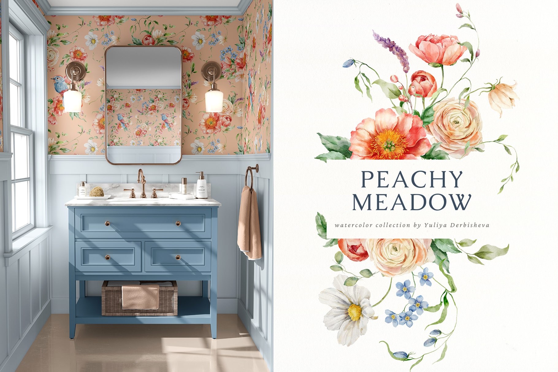 Персиковый луг акварельная коллекция с полевыми цветами и травами