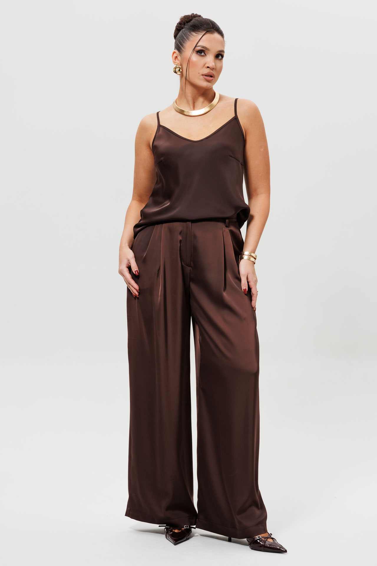 Брюки атласные шоколадные арт. 1283